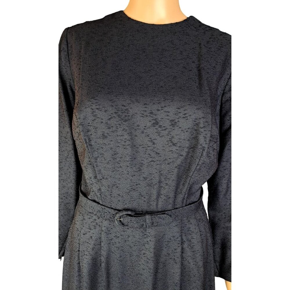 Vintage Black Dress Textured Long Sleeve Belt Handmade Goth Size Large Mourning - Picture 5 of 15